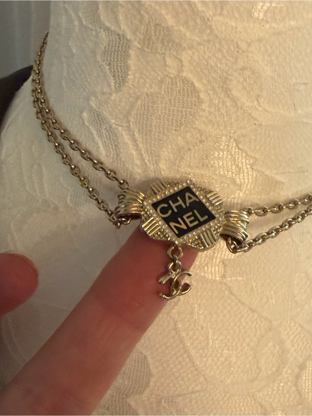 Vintage Chanel Necklace Silver Tone Black Logo Crystal CC Charm Authentic - Picture 5 of 7